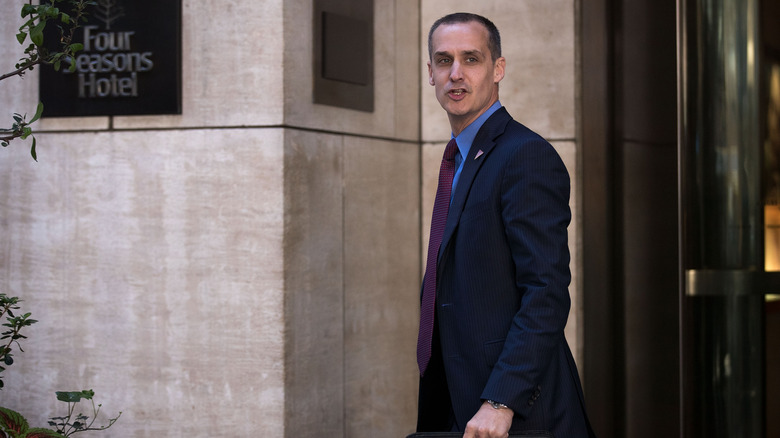 Corey Lewandowski leaving the Four Seasons Hotel after a meeting with Trump and Republican donors