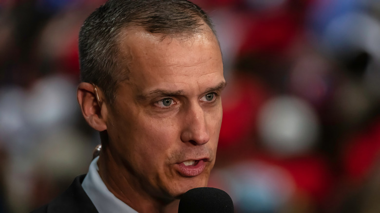 Corey Lewandowski giving an interview prior to President Trump's campaign rally speech in Charlotte