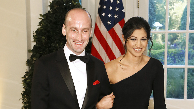 Stephen and Katie Miller while arriving for the State Dinner at The White House in black tie outfits