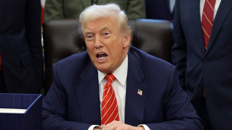 President Donald Trump speaking during a bill signing in the Oval Office of the White House