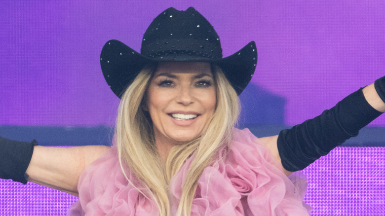 Shania Twain performing in a black cowboy hat and a puffy pink tulle top.