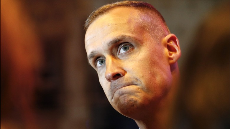 Corey Lewandowski speaking to media at Trump Tower in Manhattan following Trump's victory in the Indiana primary